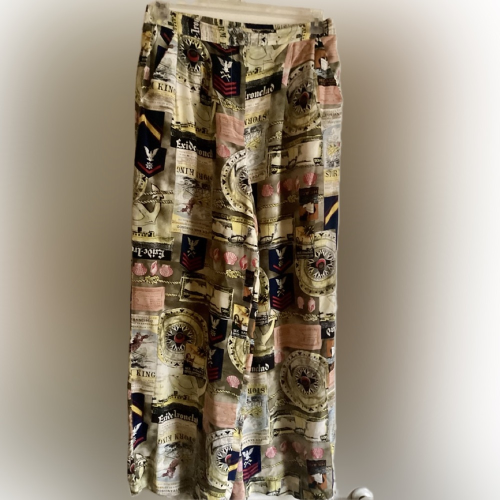 Vintage August Silk Wide Leg Flare Pants Nautical Design Size 10